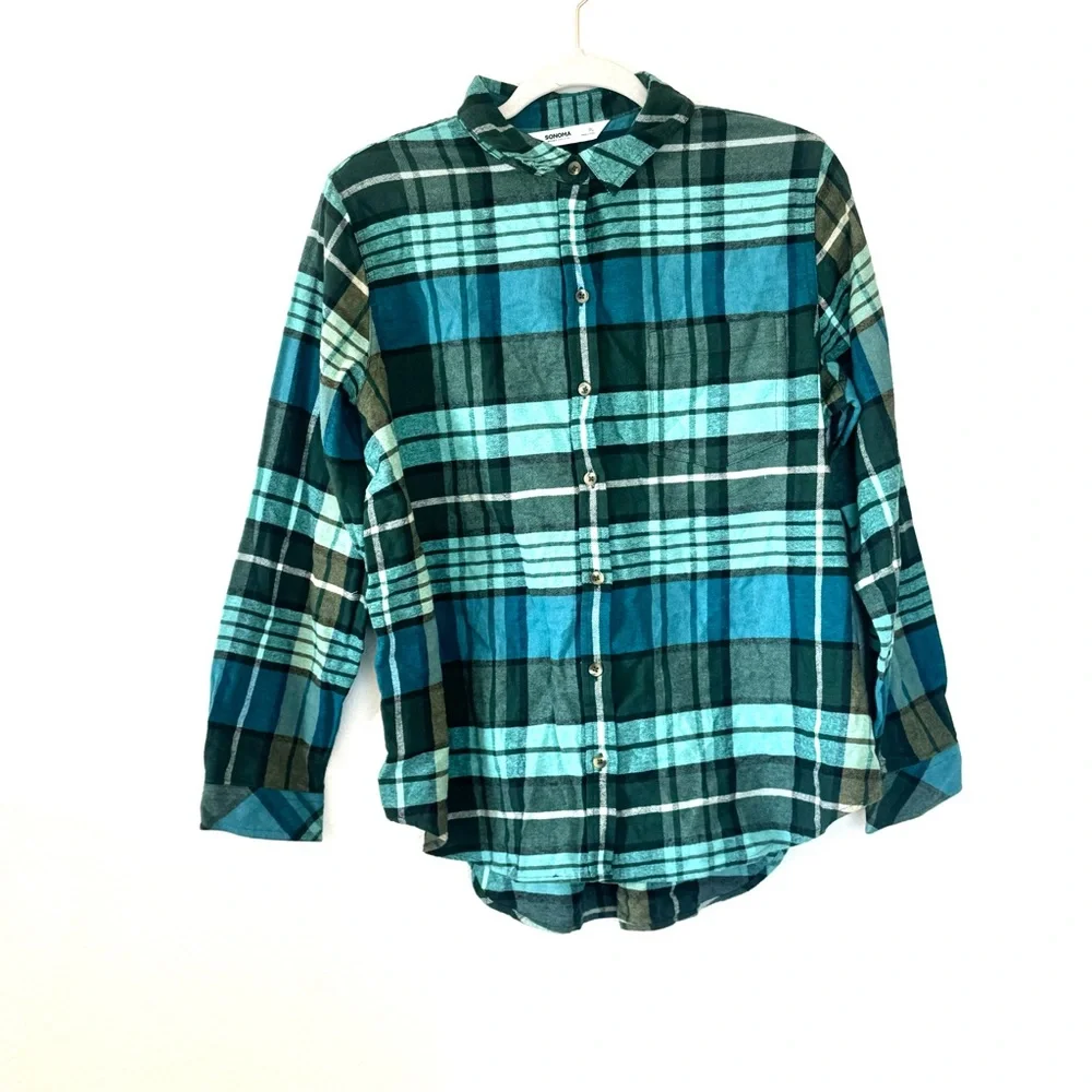 Sonoma Goods for Life Green Plaid Flannel Shirt Button Up 100% Cotton PL Petite - Picture 2 of 9